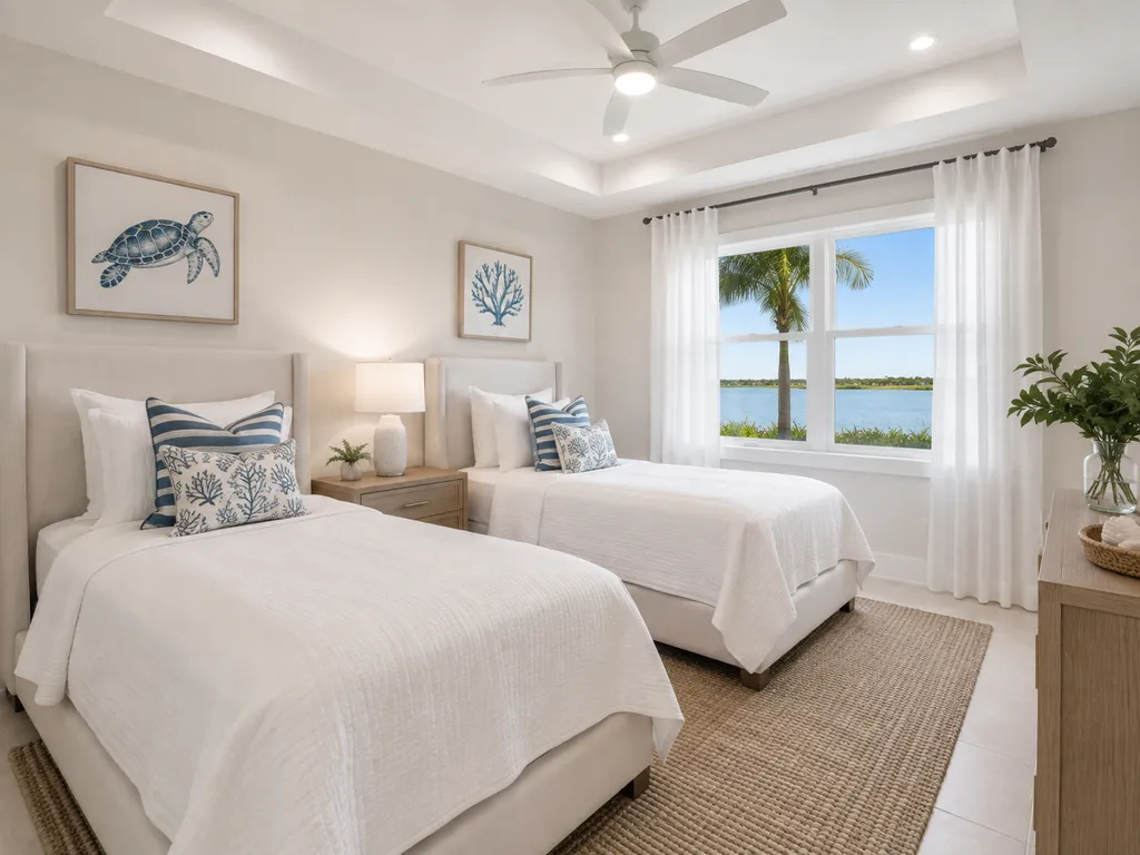 Twin bedroom with nautical artwork