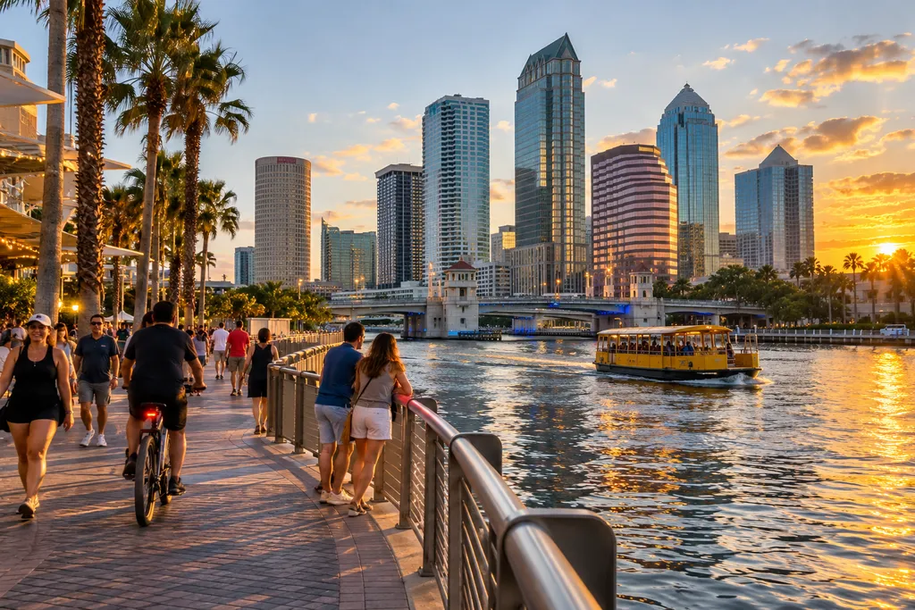 Tampa skyline and Riverwalk at sunset