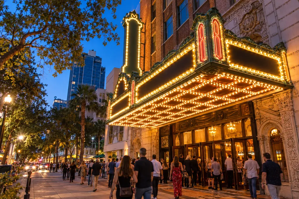 Tampa theater marquee after dark
