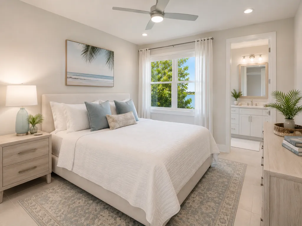 Guest bedroom with white linens
