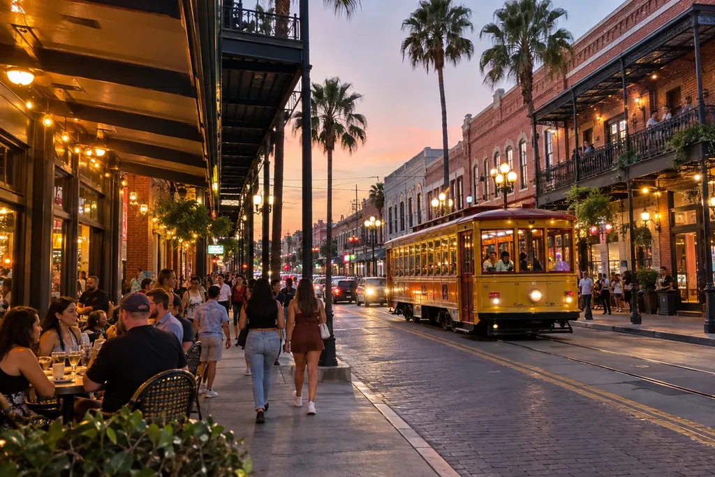 Ybor-inspired street scene with a streetcar
